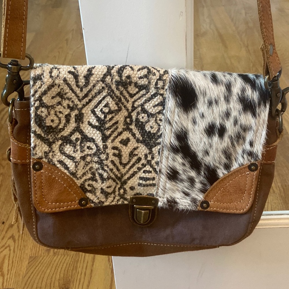 Myra Bag Brown Canvas Cowhide Hair Patterned Fabric Crossbody Bag Western 12x8